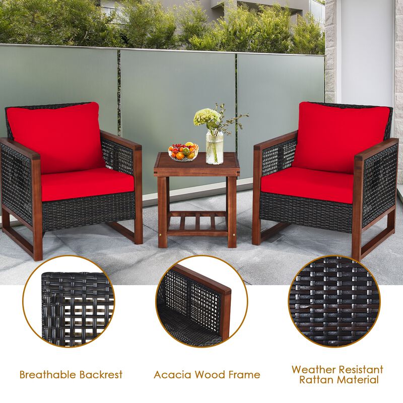 3 Pieces Patio Wicker Furniture Set with Washable Cushion and Acacia Wood Coffee Table