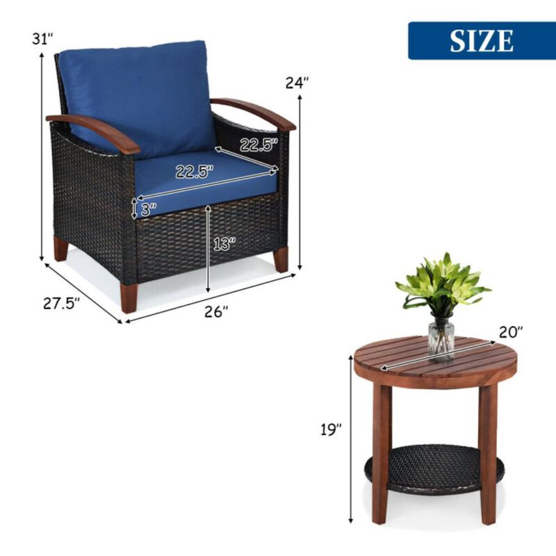 Hivvago 3 Pieces Patio Wicker Furniture Set with Washable Cushion and Acacia Wood Tabletop