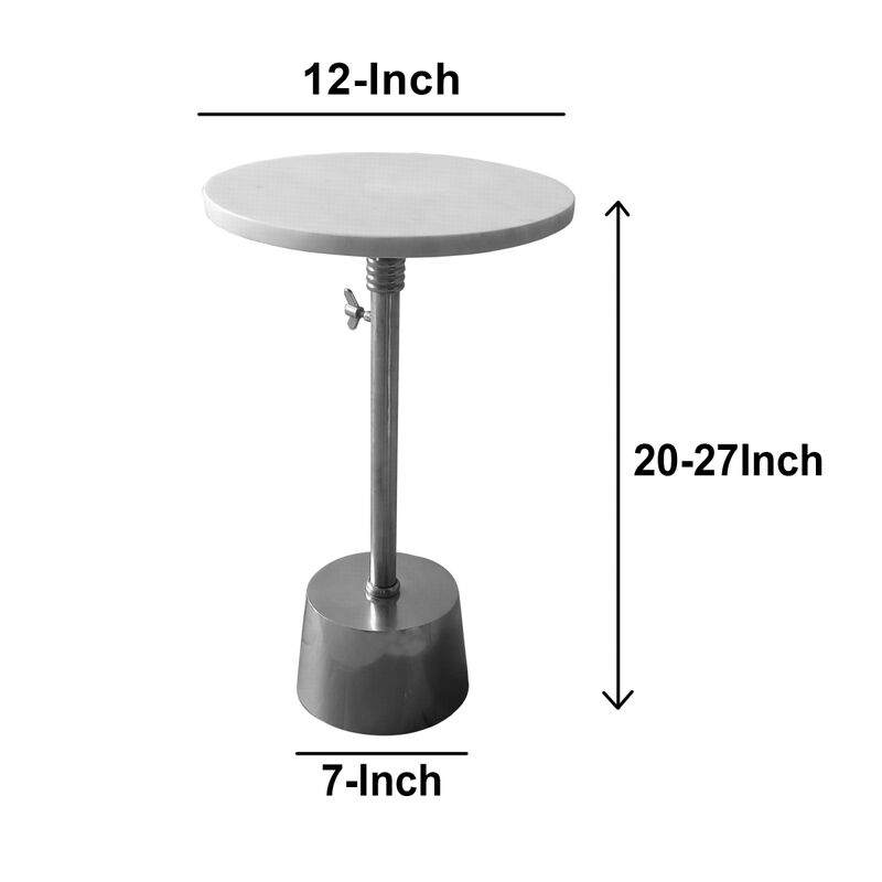 Aluminum Frame Round Side Table with Marble Top and Adjustable Height, White and Silver