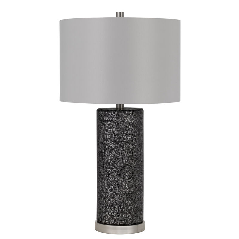 27 Inch Ceramic Table Lamp, Faux Leather Wrapped, Dimmer, Gray-Benzara