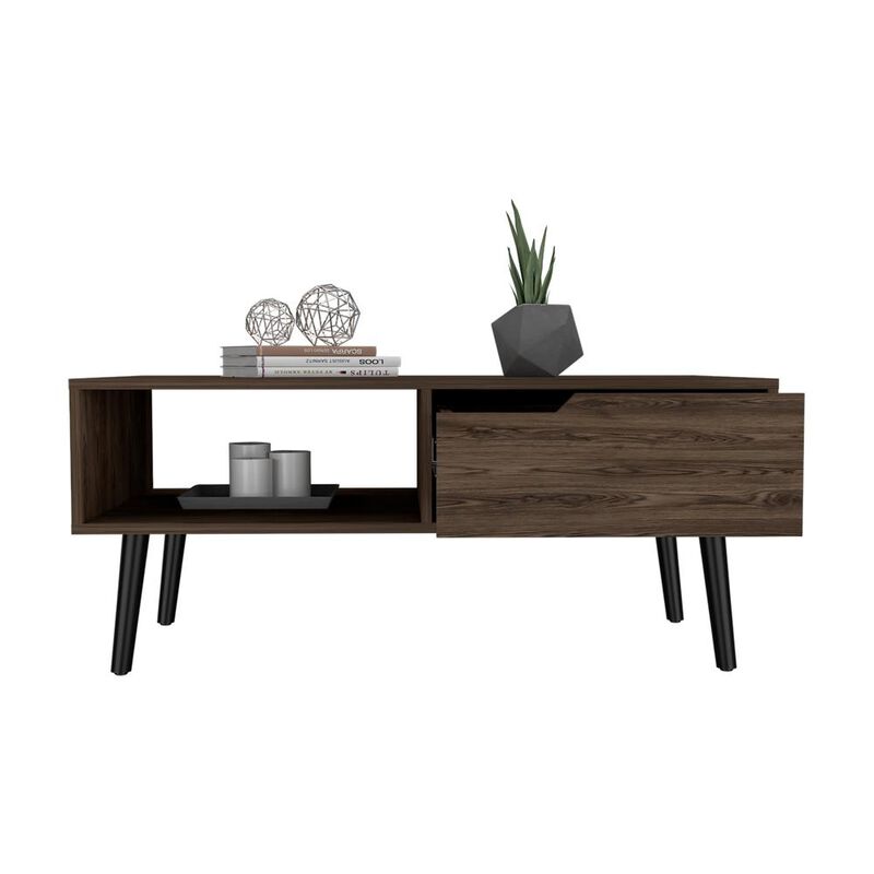 DEPOT E-SHOP Kobe Coffee Table, Countertop, One Open Shelf, One Drawer, Four Legs- Dark Walnut, For Living Room