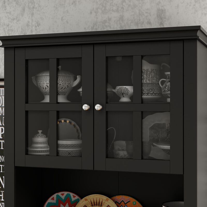 Black Painted Accent Storage Cabinet, Sideboard with Framed Transparent Doors, Drawer, Adjustable Shelves and Hutch