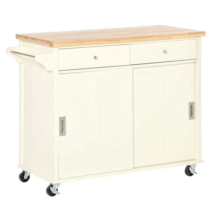 43" Rolling Kitchen Island, Kitchen Storage Cart on Wheels with Sliding Doors, Cabinet, 2 Drawers, and Towel Rack, Cream White