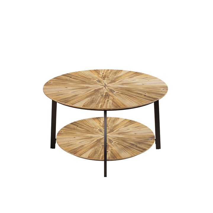 31.5 "Round Coffee Table, Stand Wooden Double Layer Coffee Table with Open Storage Space and Metal Table Legs for Living Room, Bedroom