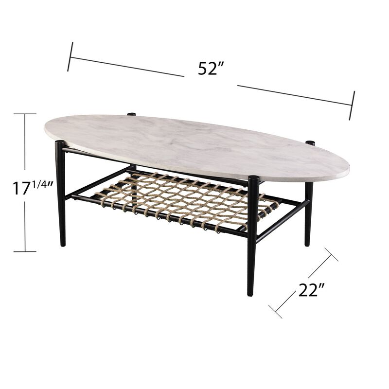 Homezia 52" Black and White Metal and Faux Marble Boho Rope Oval Coffee Table
