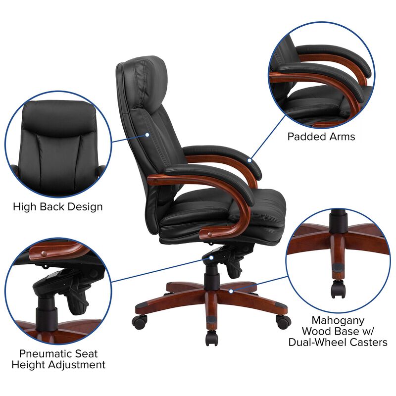 Flash Furniture Hansel High Back Black LeatherSoft Executive Ergonomic Office Chair with Synchro-Tilt Mechanism, Mahogany Wood Base and Arms