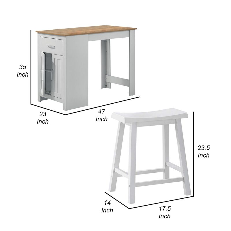 Lon 3pc Counter Height Dining Table and Saddle Stool Set, White, Oak - Benzara