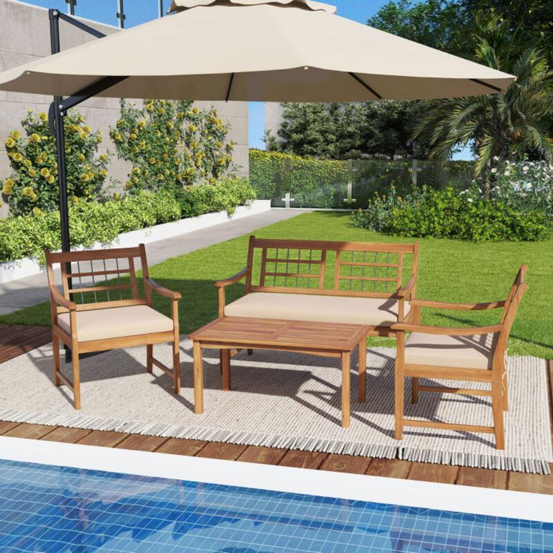 Hivvago 4 Piece Wood Patio Furniture with Armchairs Loveseat and Coffee Table