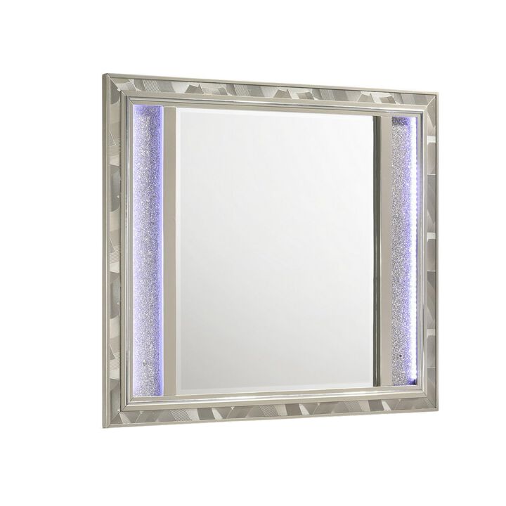 Benjara, Silver Bet 41 x 48 Dresser Mirror, Solid Wood Frame with Rhinestone Inlay