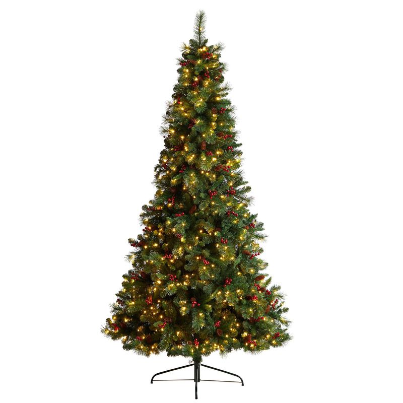 Nearly Natural Flat Back Montreal Mountain Pine Artificial Christmas Tree with Pinecones, Berries and 80 Warm White LED Lights and Bendable Branches