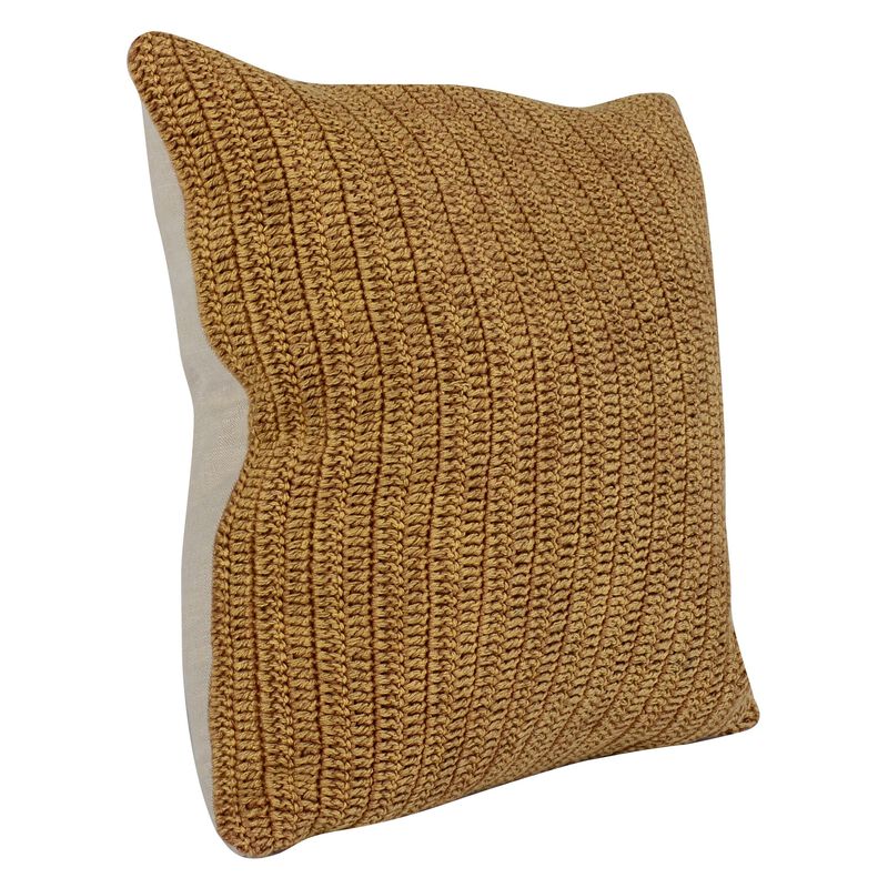 Rosie 22 Inch Square Accent Throw Pillow, Hand Knitted Designs, Brown Linen-Benzara