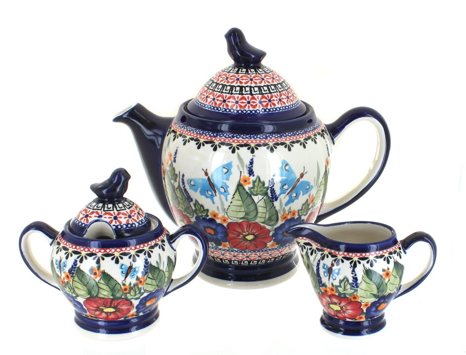 Blue Rose Polish Pottery Peacock 3 PC Coffee Pot Set with Bird Topper