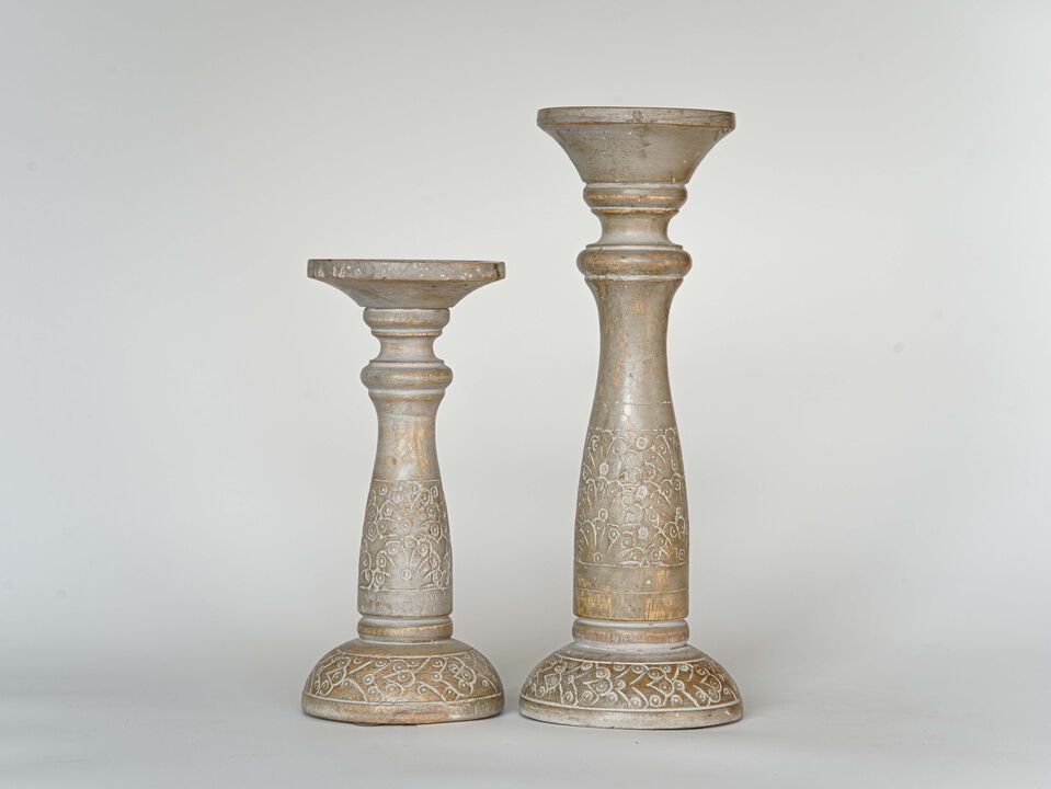 Traditional Gray Wash Eco-friendly Handmade Mango Wood Set Of Two 6" & 9" Pillar Candle Holder BBH Homes