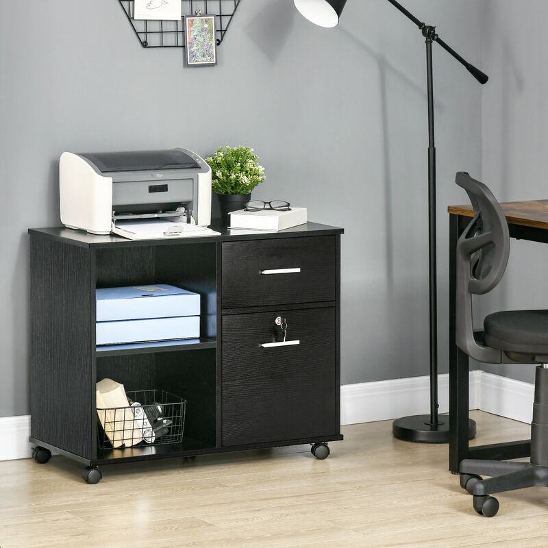 Black Office Organizer: Wheeled Lateral File Cabinet with Shelves