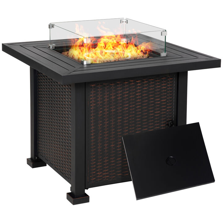 Outsunny 34 Inch Outdoor Propane Gas Fire Pit Table, 50,000 BTU Auto-Ignition Square Wicker-effect Gas Firepit with Glass Wind Guard, Lid, Lava Rocks, Steel Base, CSA Certification, Black