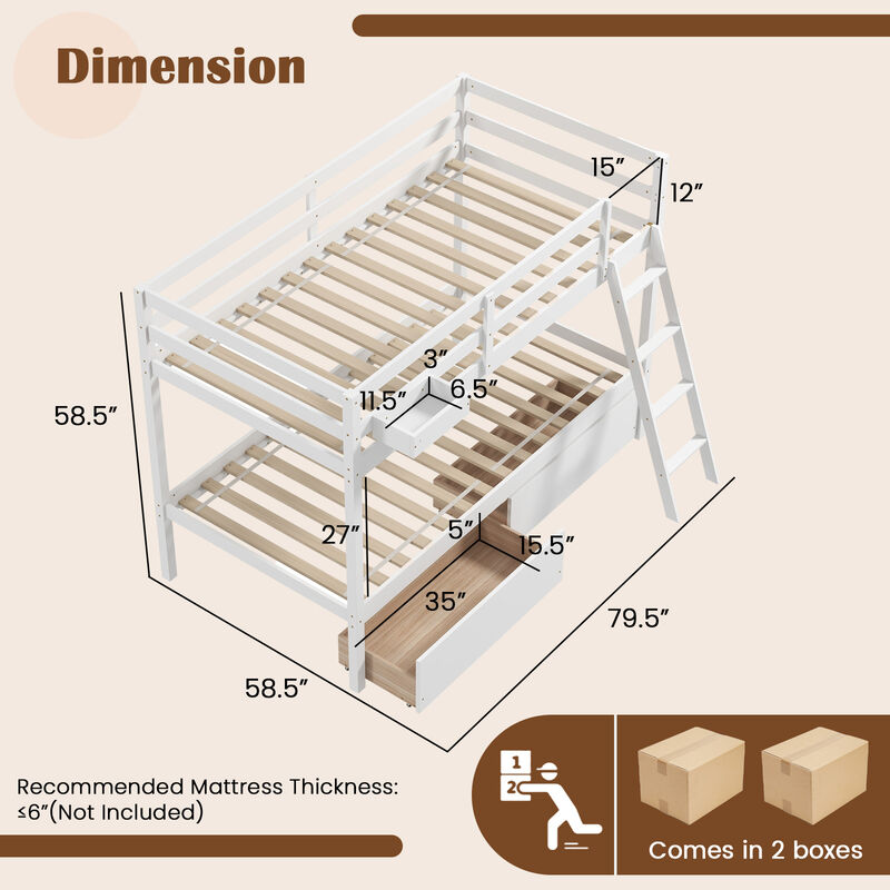 Twin Over Twin Bunk Bed Wood Bed Frame with 2 Storage Drawers and Ladder-White