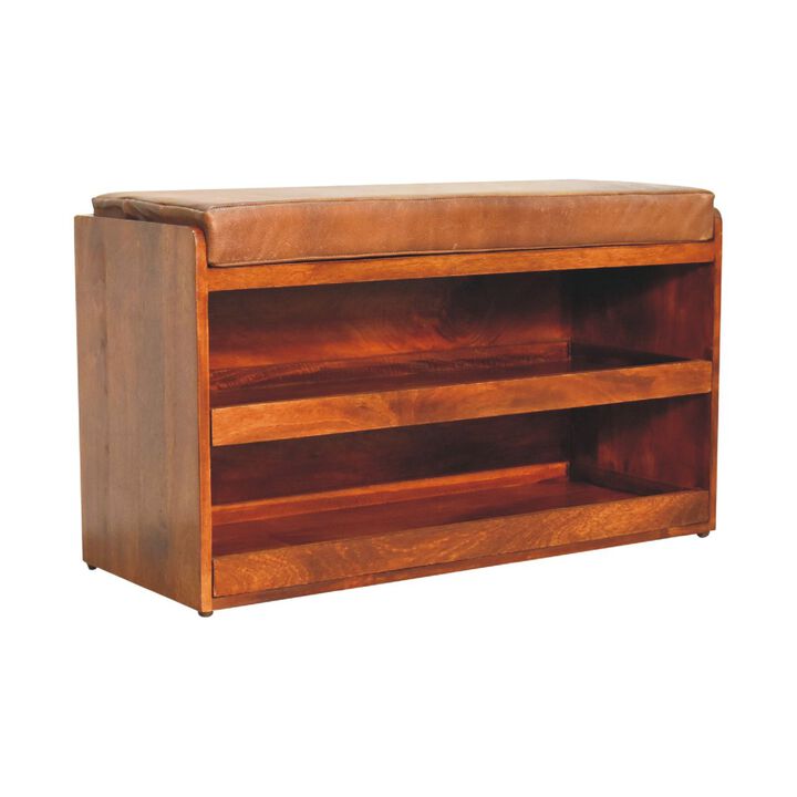 Artisan Furniture Buffalo Hide Pull out Chestnut Solid Wood  Shoe Storage Bench