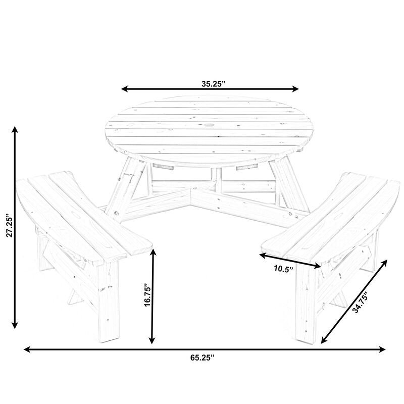 Wooden Outdoor Round Picnic Table with Bench for Patio, 6- Person with Umbrella Hole - Stained