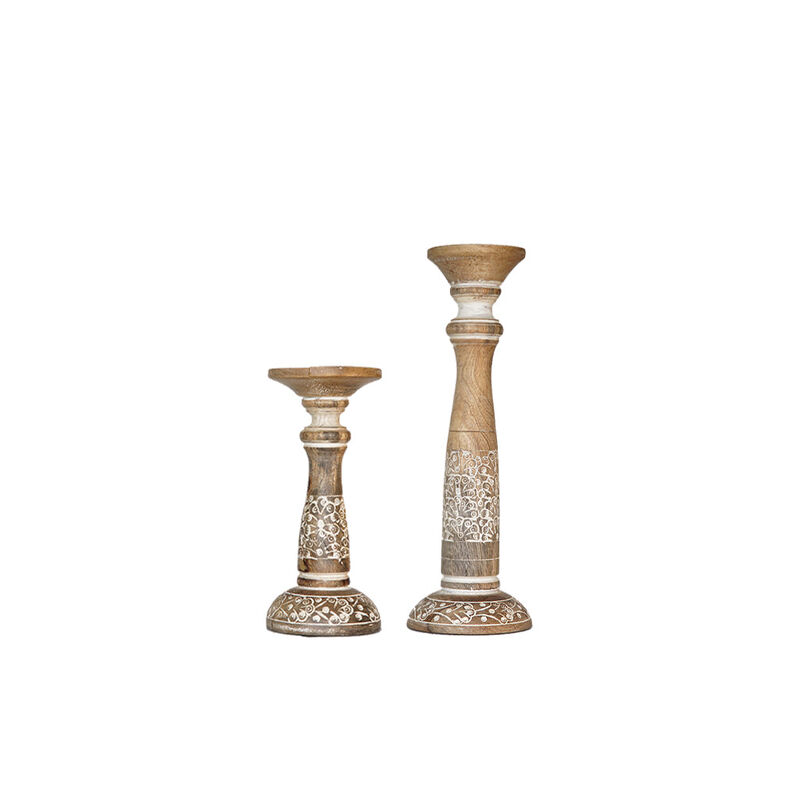 Traditional White Wash Eco-friendly Handmade Mango Wood Set Of Two 9" & 15" Pillar Candle Holder