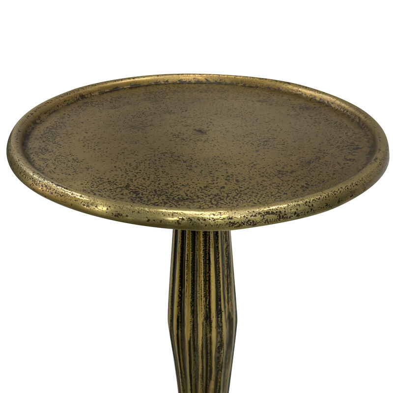 12 Inch Side End Drink Table, Fancy Fluted Base, Round Top, Antique Brass