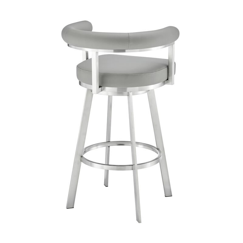 Gini 26 Inch Swivel Counter Stool, Round Back, Chrome, Gray Faux Leather - Benzara