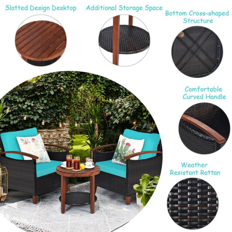 Hivvago 3 Pieces Patio Wicker Furniture Set with Washable Cushion and Acacia Wood Tabletop