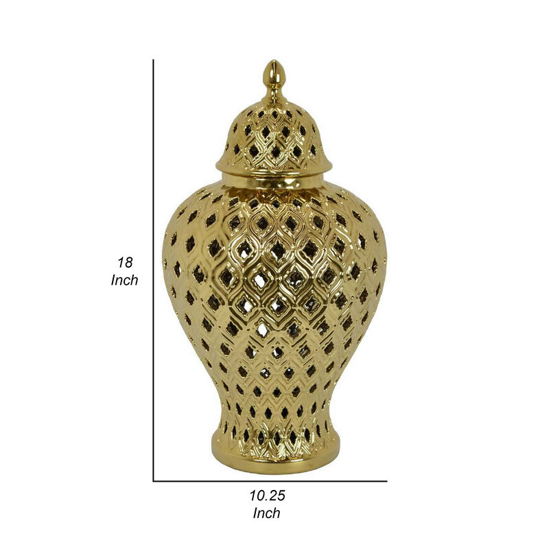 Deni 18 Inch Temple Jar, Pierced, Carved Lattice Design, Lid, Gold - Benzara