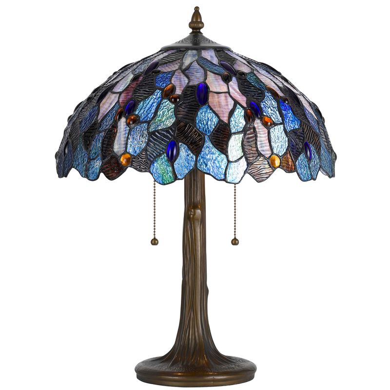 2 Bulb Tiffany Floor Lamp with Mosaic Design Shade, Multicolor-Benzara