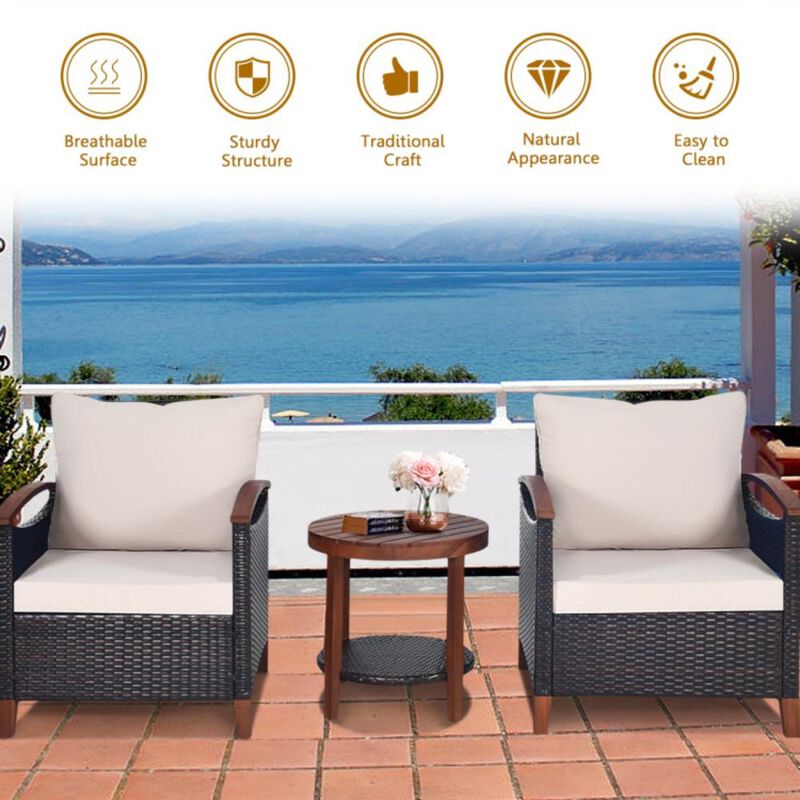 Hivvago 3 Pieces Patio Wicker Furniture Set with Washable Cushion and Acacia Wood Tabletop