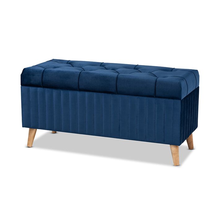 Baxton Studio Hanley Modern and Contemporary Navy Blue Velvet Fabric Upholstered and Walnut Brown Finished Wood Storage Ottoman
