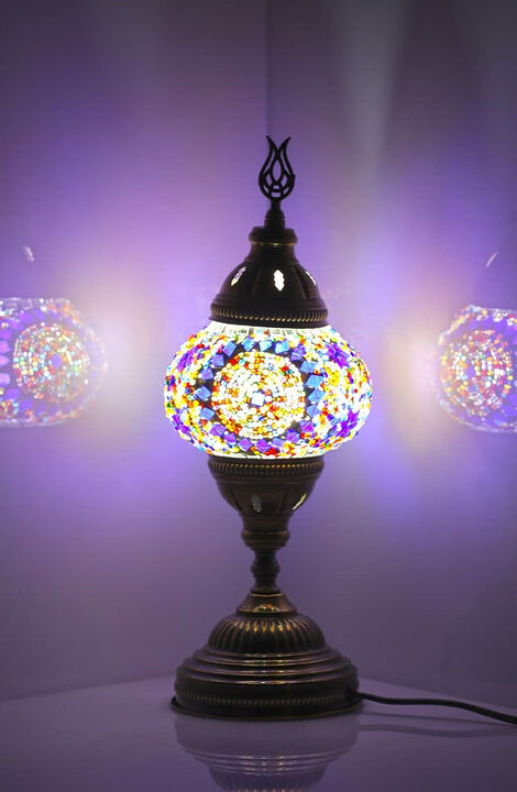 14.5 in. Handmade Multicolor Center Circle Mosaic Glass Table Lamp with Brass Color Metal Base