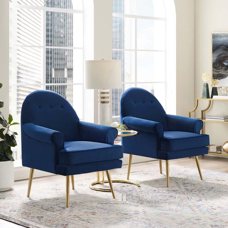 Modway Revive Mid-Century Modern Upholstered Performance Velvet Accent Lounge Arm Chair, Set of 2, Navy