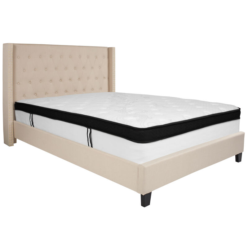 Riverdale Queen Size Tufted Upholstered Platform Bed in Beige Fabric with Memory Foam Mattress