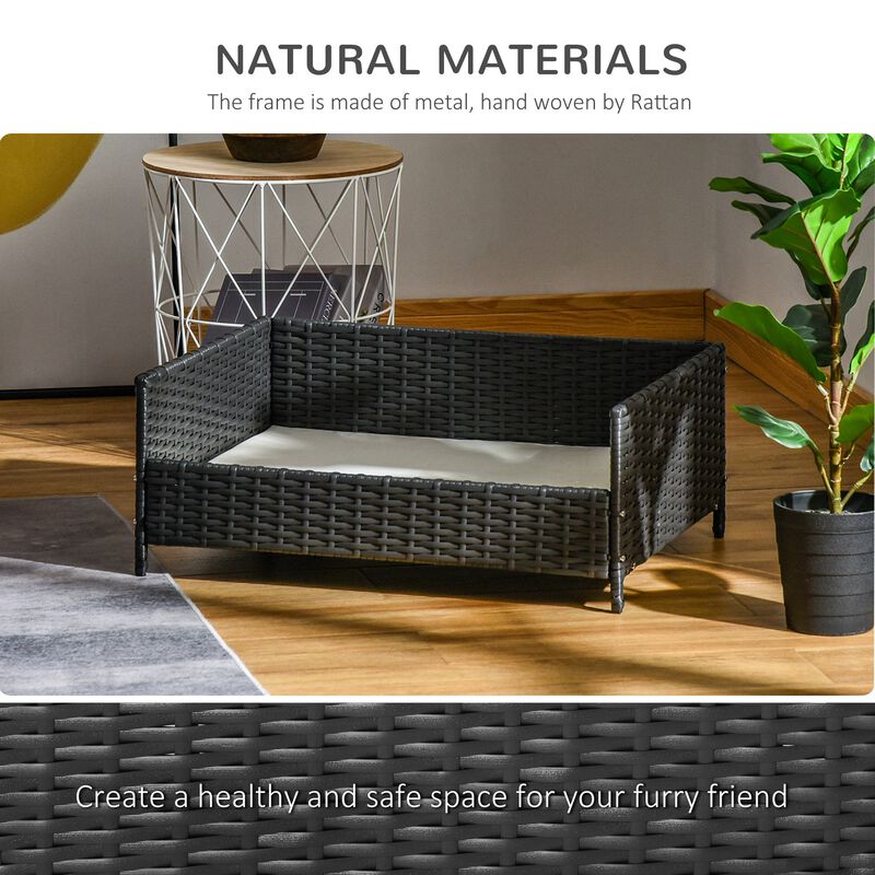 Rattan Pet Bed Raised Wicker Dog House Small animal Sofa Indoor & Outdoor with Soft Washable Water-resistant Cushion Black