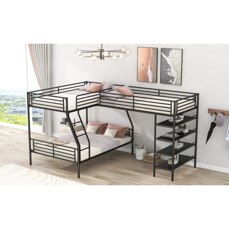 L-Shaped Metal Twin Over Full Bunk Bed And Twin Size Loft Bed With Four Built-In Shelves