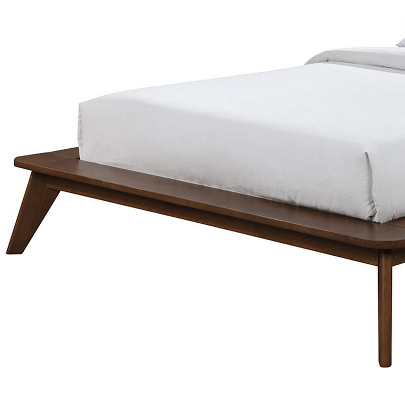 Linzy Queen Bed, Beige Boucle Upholstered Winged Edge, Brown Solid Wood