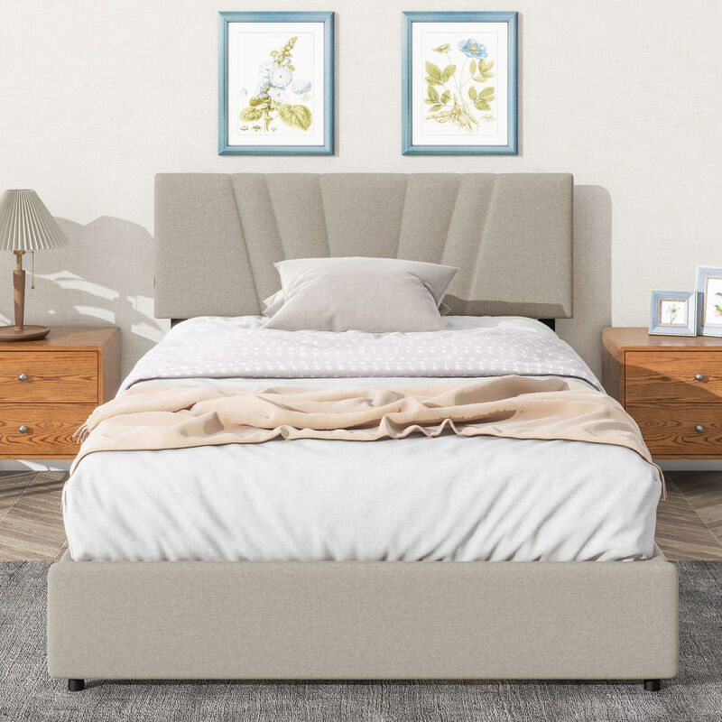 Queen Upholstered Platform Bed with Lifting Storage, Queen Size Bed Frame with Storage and Tufted Headboard, Wooden Queen Platform Bed for Kids Teens Adults, No Box Spring Needed(Queen, Beige)