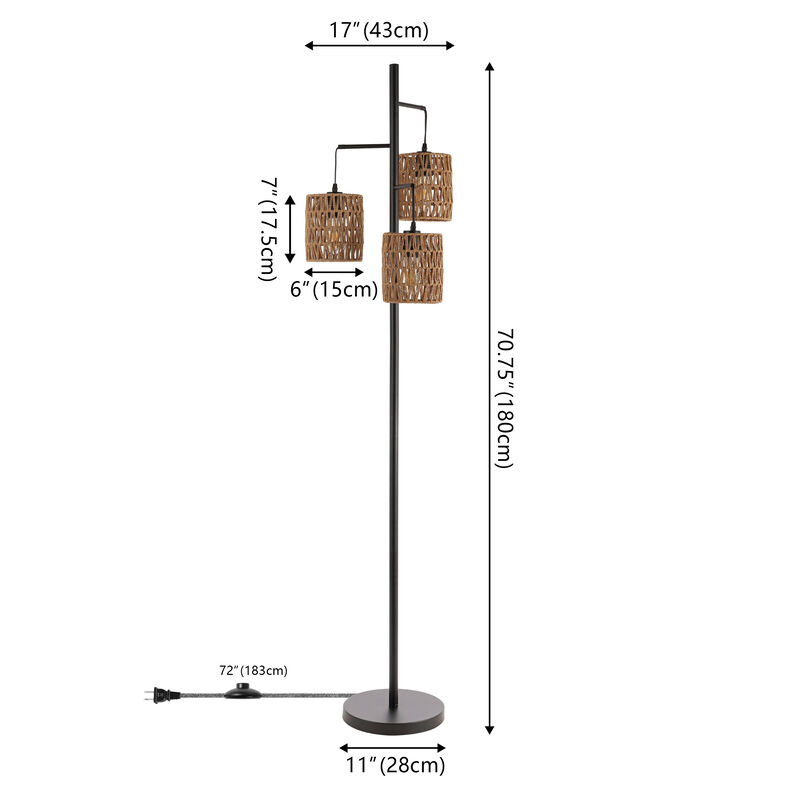 Isla 70.75" 3-Light Mid-Century Bohemian Metal/Rope LED Floor Lamp, Black/Natural