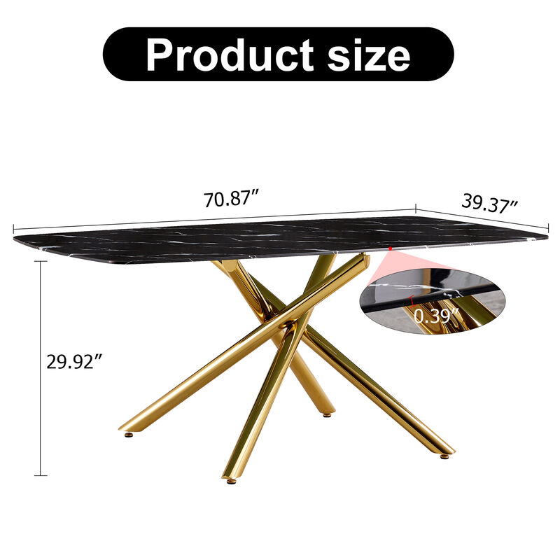 Hivvago 68 Seater Modern Kitchen Dining Table Rectangular Marble Table Top with Single Gold Metal Leg