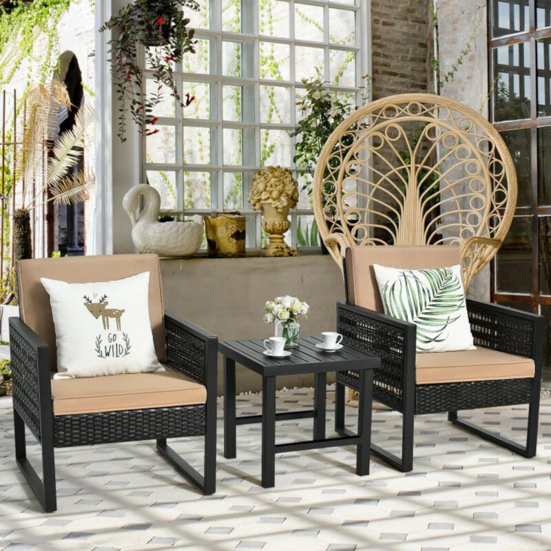 Hivvago 3 Pieces Patio Rattan Bistro Cushioned Furniture Set