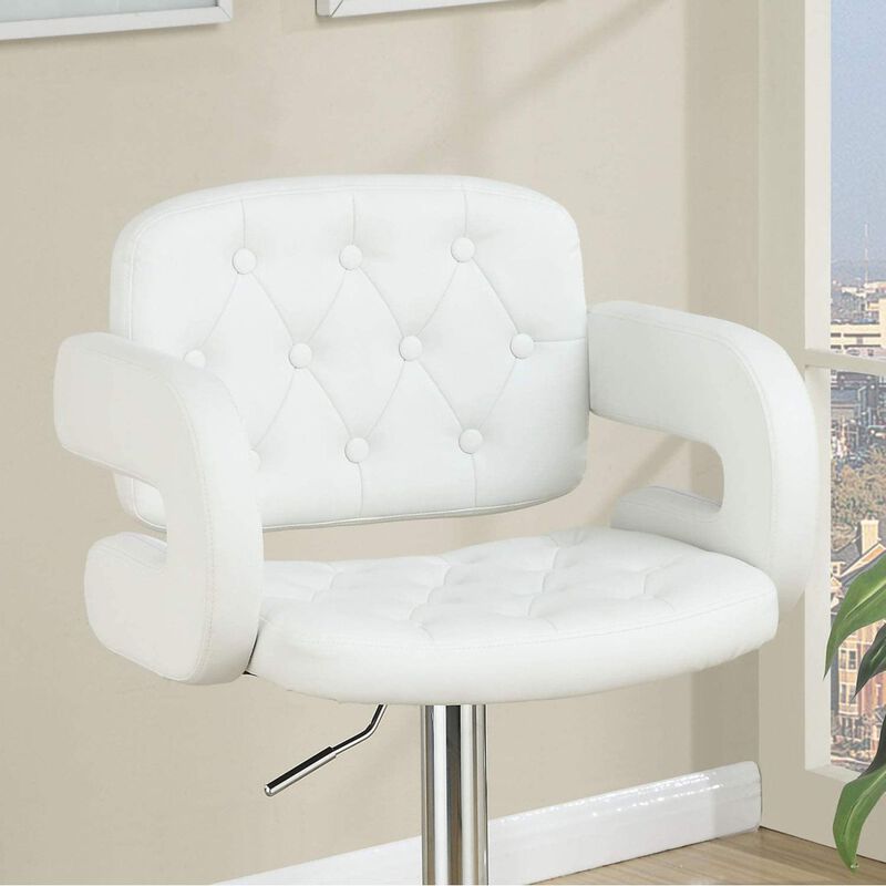 Classic Armrest Tufted White Faux Leather Upholstered Faux Leather Barstool / Chair Adjustable Height Swivel Kitchen Stools 1pc Chair