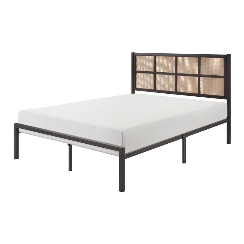 Annie Queen Platform Bed, Framed Faux Cane Panel Headboard, Dark Bronze - Benzara