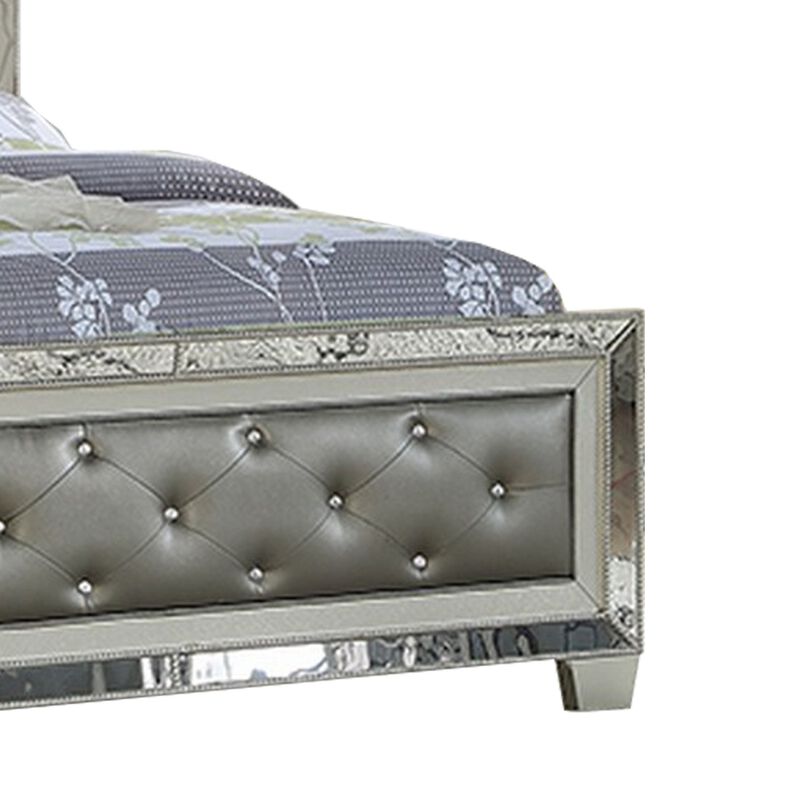 Reva Queen Bed, Mirror Inlaid, Button Tufted Gray Faux Leather Upholstery - Benzara