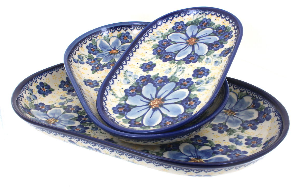 Blue Rose Polish Pottery Holiday Pines 3 Piece Oval Server Set