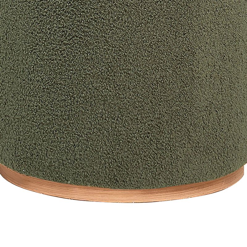 Zia 19 Inch Ottoman, Green Faux Sheepskin Upholstery, Round Platform Base - Benzara