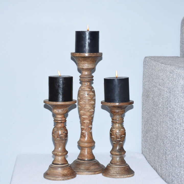 Traditional Medium Burnt Eco-friendly Handmade Mango Wood Set Of Three 9",15" & 9" Pillar Candle Holder