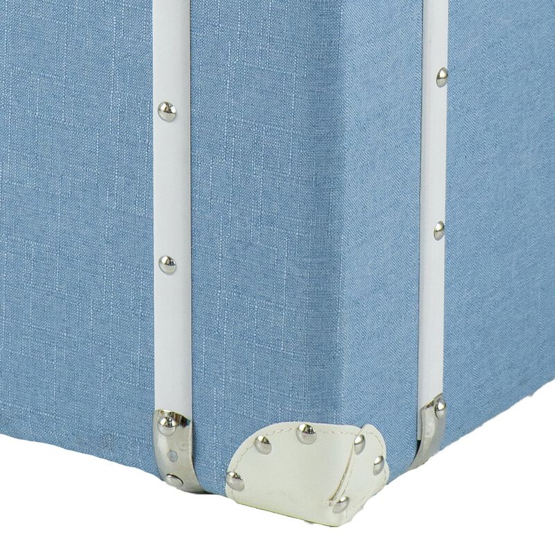 Vina 34 Inch Accent Storage Trunk Set of 2, Faux Leather, Blue Wood, White - Benzara