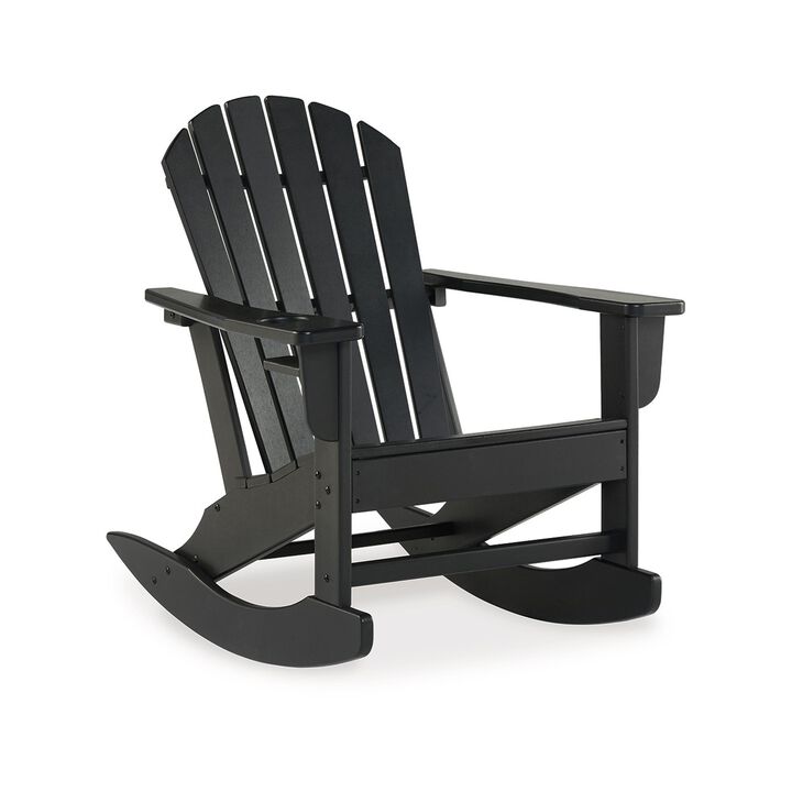 Sami 35 Inch Outdoor Rocking Chair, Slatted Design, Modern Black Finish - Benzara