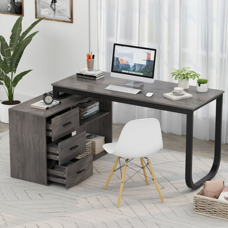 55.1 in. L-Shaped Gray Wood Writing Desk Corner Gaming Desk With 2-Tier Shelves and 3-Drawers Home Office Use