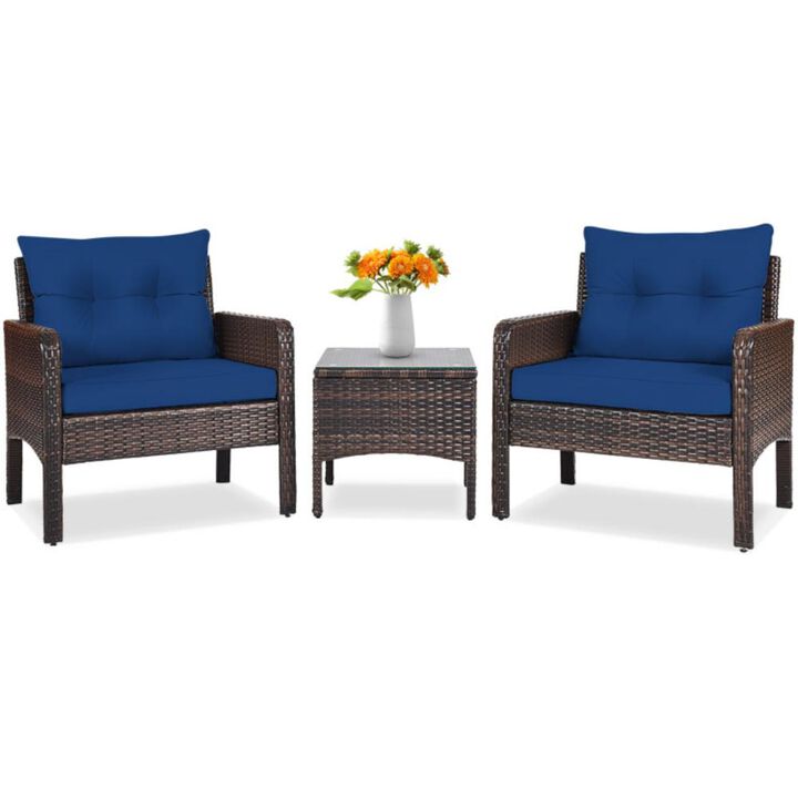 Hivvago 3 Pieces Outdoor Patio Rattan Conversation Set with Seat Cushions